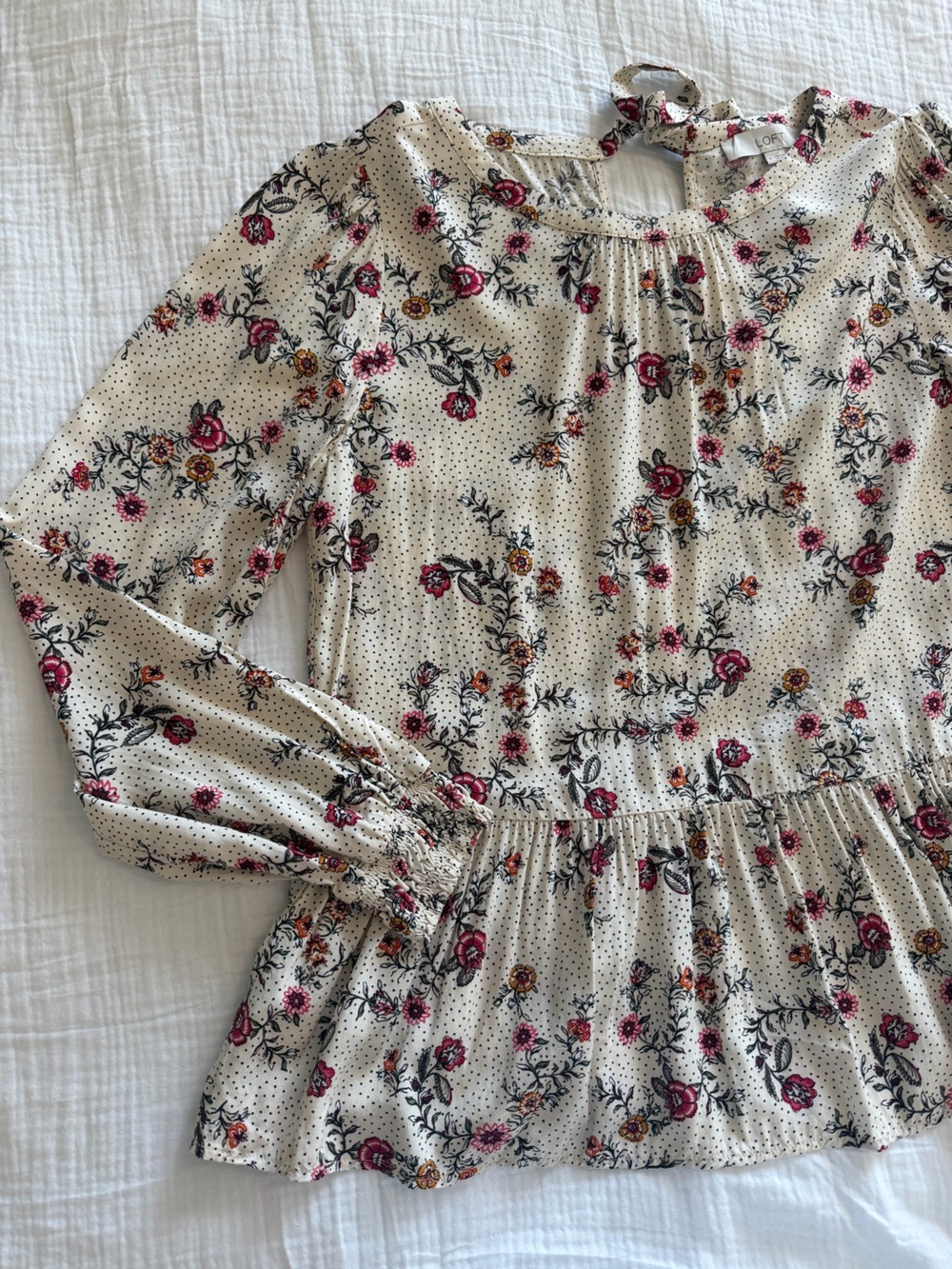 LOFT Cream Floral Long Sleeve Peplum Blouse